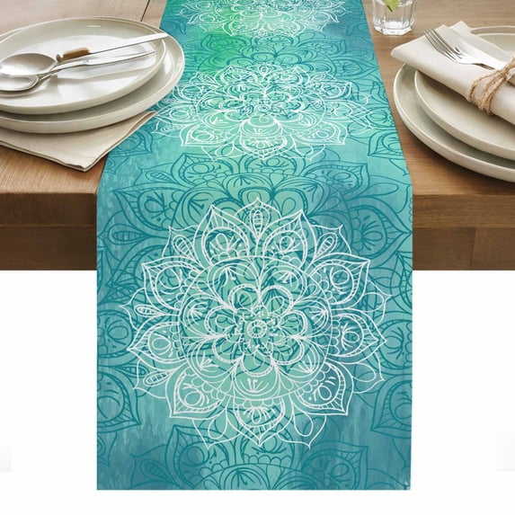 Turquoise Boho Table Runner - 108 Inch Long, Kitchen Dining Table Runner Dresser Scarves, Oriental Abstract Motifs Traditional Bohemian Farmhouse Decor for Coffee Tables Wedding Party Banquet