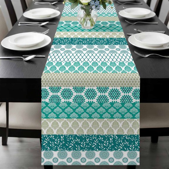 Turquoise Boho Table Runner 120 Inches Long, Modern Abstract Art Floral Geometric Kitchen Coffee Dining Table Decoration for Home Party Birthday Wedding Home Decor 13x120 Inches
