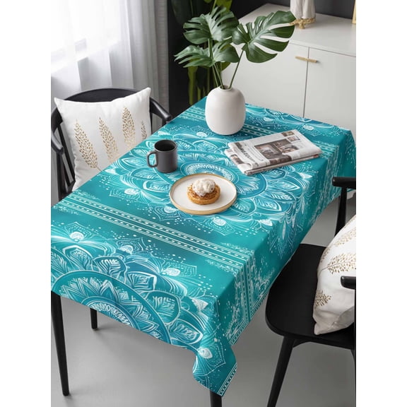 Turquoise Boho Tablecloth Rectangle Table Cloth 60x120, Waterproof Tablecloth Outdoor Table Cloth, Abstract Art Floral Ethnic Tribal Washable Table Cover for Kitchen Dinning Party