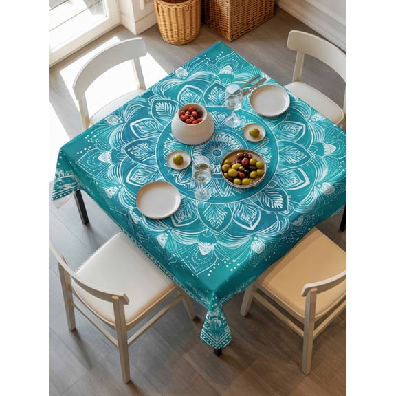 Turquoise Boho Tablecloth Square Table Cloth 54x54, Waterproof Outdoor Table Cloth Covers Decorative Table Protector, Abstract Art Floral Ethnic Tribal Washable Table Cover for Kitchen Dinning Party