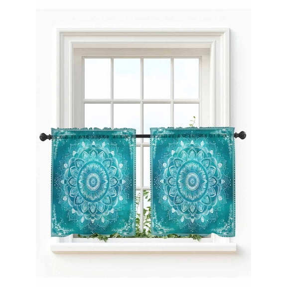 Turquoise Boho Tier Curtains 24 Inch Length,Sheer Curtains for Bedroom Living Room Window Abstract Art Floral Ethnic Tribal Rod Pocket Drapes Kitchen Curtains Small Half Window 27.5"x24" 2 Panels