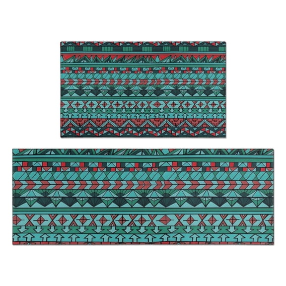 Turquoise Boho Tribal Triangles and Arrows Pattern Kitchen Rugs Sets Of 2,Anti Fatigue Kitchen Mat Rugs Non Slip Washable,Decorative Kitchen Floor Mats for Kitchen,Sink,Laundry,17"x30"+17"x47"
