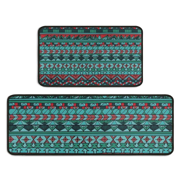 Turquoise Boho Tribal Triangles and Arrows Pattern Kitchen Rugs Sets Of 2,Anti Fatigue Kitchen Mat Rugs Non Slip Washable,Decorative Kitchen Floor Mats for Kitchen,Sink,Laundry,17"X30"+17"X47"