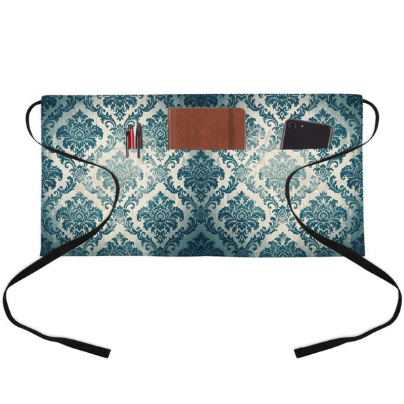 Turquoise Boho Waitress Apron with 3 Pockets, Teal Ombre Floral Ethic Tribe Server Aprons Waterproof Kitchen Restaurant Half Waist Apron for Men Women