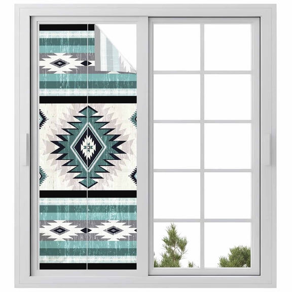 Turquoise Boho Window Privacy Film, Southwestern Ethnic Aztec Retro Geometric Static Cling UV Sun Blocking Heat Control Window Tint, Non-Adhesive One Way Windows Privacy Cover 23.6''x59''