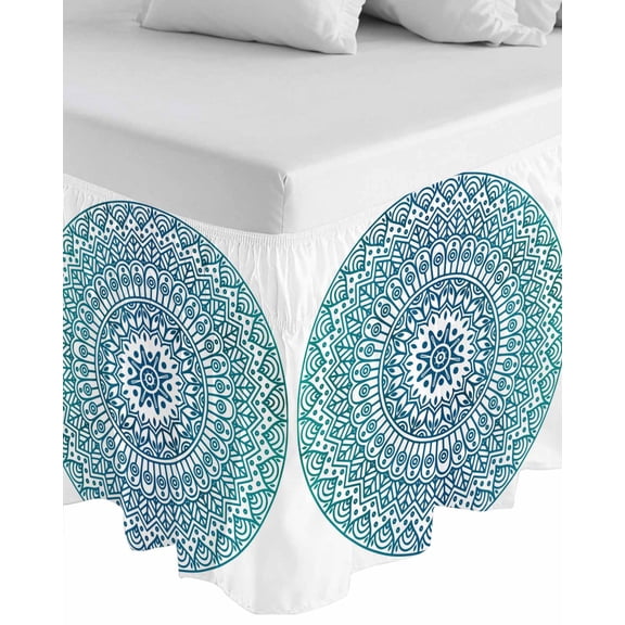Turquoise Boho Wrap Around Bed Skirts for Queen Bed 18" Drop,Bed Skirt with Adjustable Elastic Belt Dust Ruffle Bed Valance for Bedroom Hotel Retro Ethnic Teal Geometric Aesthetic Bed Frame Cover