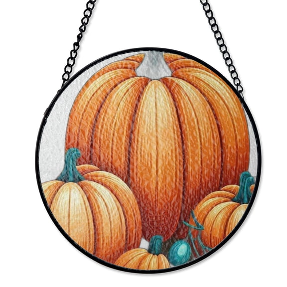 Turquoise Border Hello Autumn Suncatcher Stained Glass Style UV Printed Glass Pumpkin Decor Round