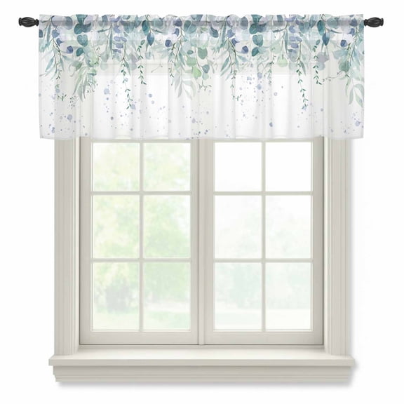 Turquoise Botanical Sheer Curtains Valances for Windows Spring Weeping Eucalyptus Leaves Chiffon Kitchen Valances for Cafe, Voile Window Treatments Curtains for Living Room Bedroom, 42"x12"