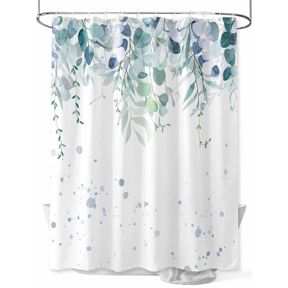Turquoise Botanical Shower Curtain Set, Waterproof Shower Curtains for Bathroom, Spring Weeping Eucalyptus Leaves Washable Fabric Cloth Bath Curtain for Bathtub Decoration with Hooks 48x72 Inches