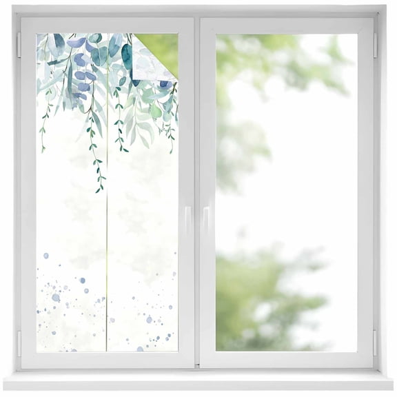 Turquoise Botanical Window Privacy Film, Spring Weeping Eucalyptus Leaves Static Cling UV Sun Blocking Heat Control Window Tint Day and Night, Non-Adhesive One Way Windows Privacy Cover 19.6''x39.3''