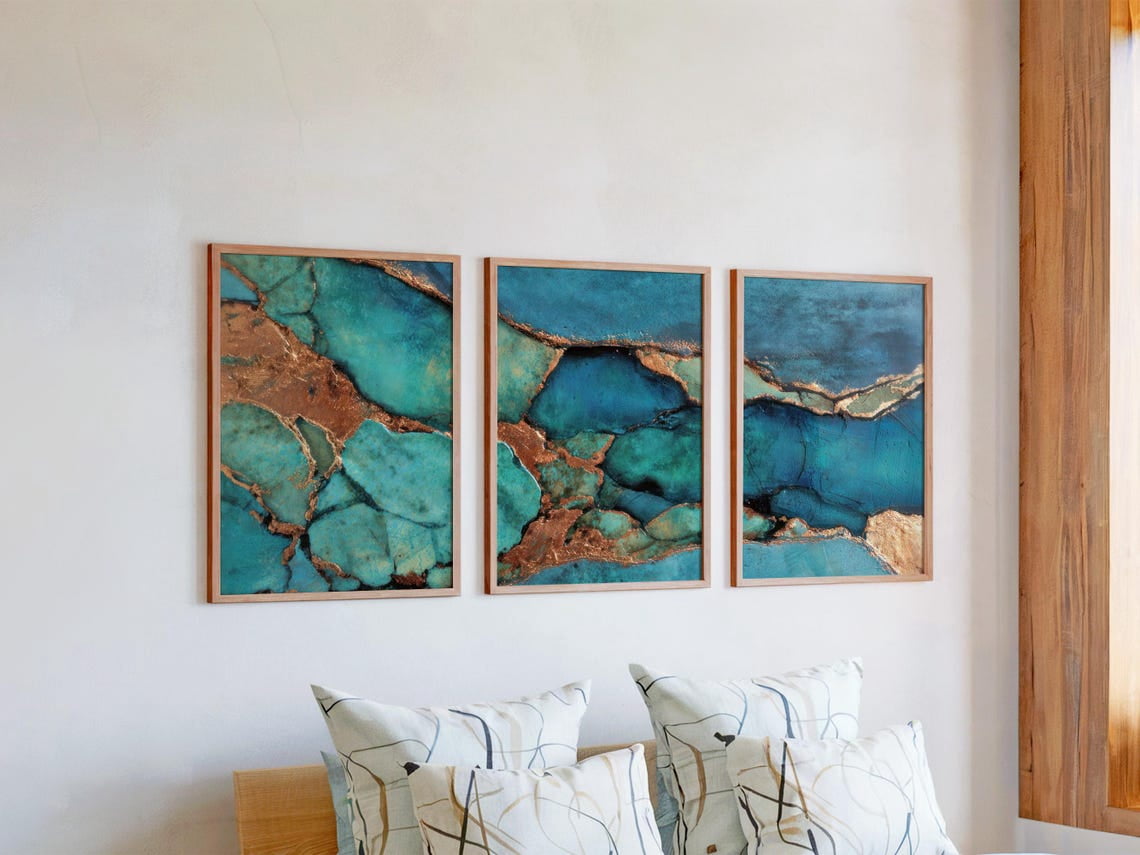 Turquoise Bronze Geological Prints Set Of 3, Contemporary Mineral Wall ...