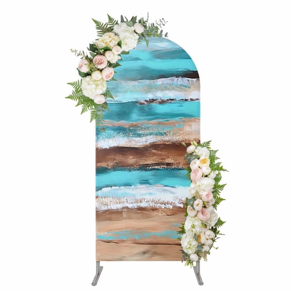 Turquoise Brown Arch Backdrop Cover, Spandex Fitted Wedding Arch Cover, Abstract Wood Grain Gradient Stripes Round Top Stand Covers for Birthday Ceremony Bridal Shower Party Decor 5x2.1 Ft