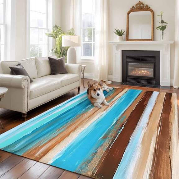 Turquoise Brown Area Rug 5x8 FT, Non Slip Bedroom Throw Carpet, Gradient Rustic Ocean Wood Grain Washable Soft Floor Carpet Non-Shedding Rug for Living Room Nursery Dorm Office