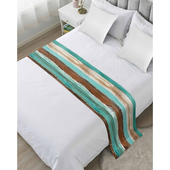 Turquoise Brown Bed Runner for King Size Bed, Watercolor Modern Abstract Striped Bedspread Protector Slipcover Bed Scarf for Foot Bed Runners & Scarves for Bedroom Hotel Wedding Room 102x20 Inches