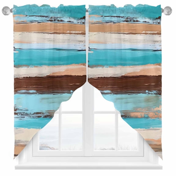 Turquoise Brown Board Swag Curtain Valance for Windows, Abstract Wood Grain Window Treatments Short Swag Topper for Kitchen Windows Bathroom Bedroom, 28"x36"