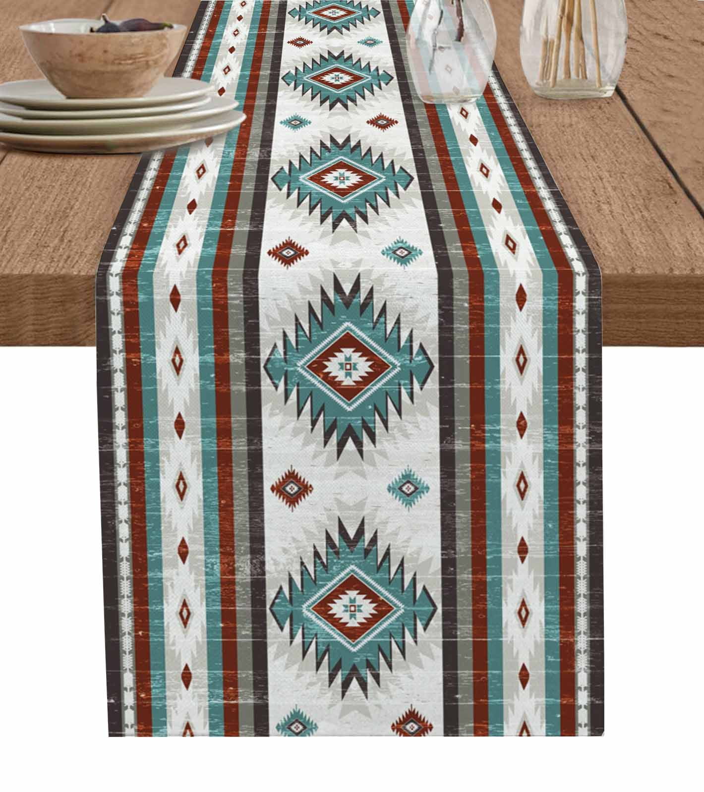 Turquoise Brown Burlap Cotton Table Runner 16x72 Inches Long, Southwestern Stripe Western Rustic Aztec Farmhouse Table Runners, Outdoor Dining Tablecloths Decor for Baby Shower/Party/Wedding