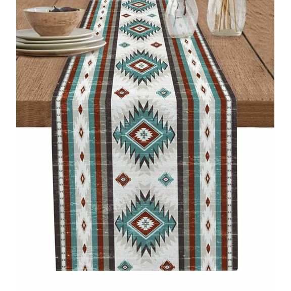 Turquoise Brown Burlap Cotton Table Runner 16x72 Inches Long, Southwestern Stripe Western Rustic Aztec Farmhouse Table Runners, Outdoor Dining Tablecloths Decor for Baby Shower/Party/Wedding
