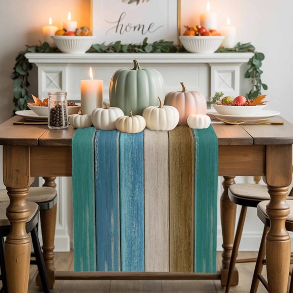 Turquoise Brown Cotton Linen Table Runner, Washable Table Runners for Kitchen, Dining Room, Holiday, Home Party Table Decor, 13x120 Inches