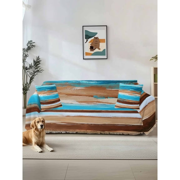 Turquoise Brown Couch Cover, Gradient Rustic Ocean Wood Grain Sofa Cover Blanket for 3 Cushion Couch,Sectional Sofa Slipcover Furniture Protector for Living Room Bedroom 71''x134''
