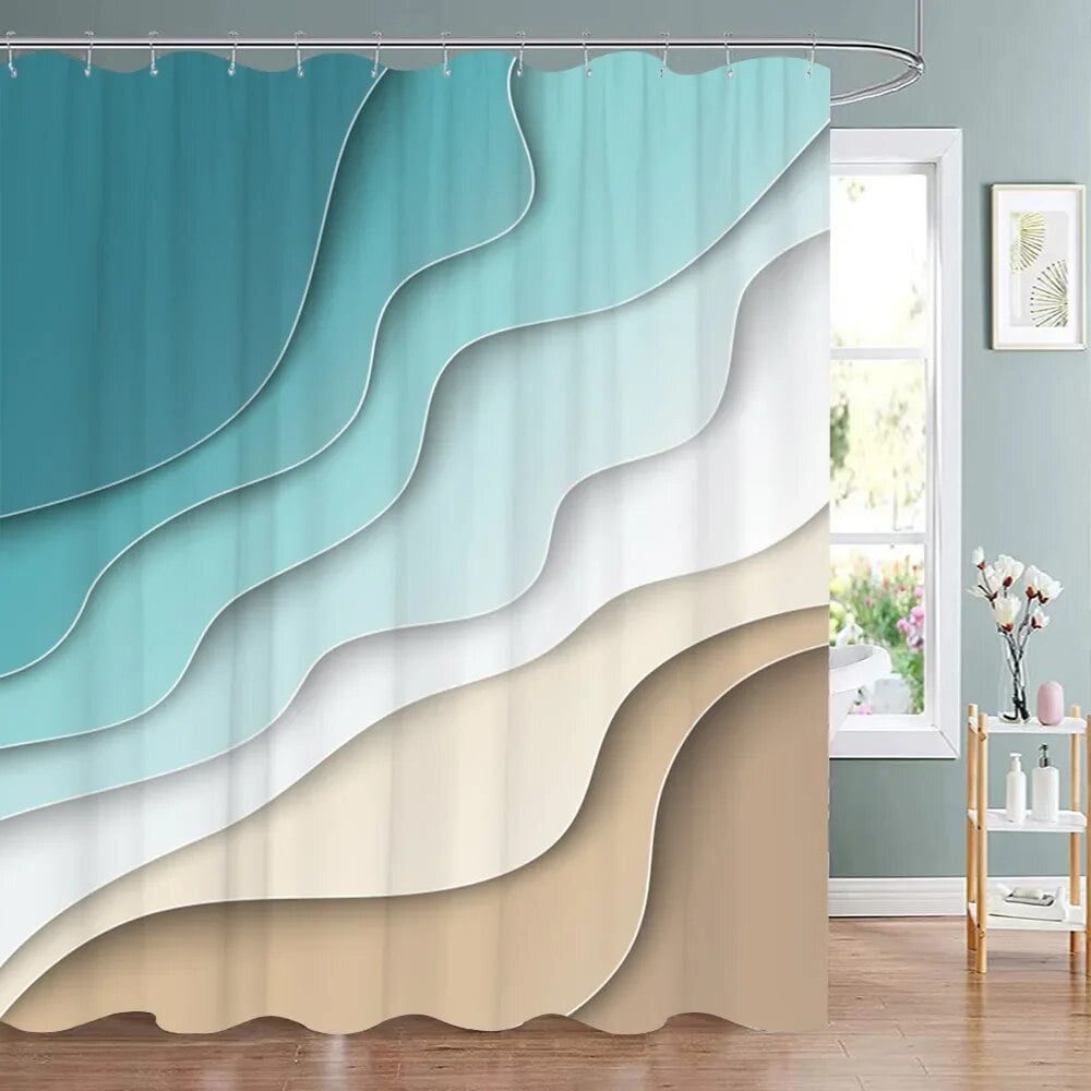 Turquoise Brown Cream Shower Curtain Beach Geometric Gradient Striped