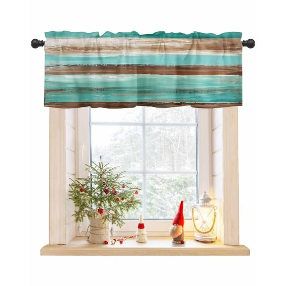 Turquoise Brown Curtain Valance for Windows/Living Room/Kitchen/Bathroom/Café, Short Rod Pocket Tier Curtain Window Treatment Panel Watercolor Modern Abstract Striped Topper Curtain 42''x12''