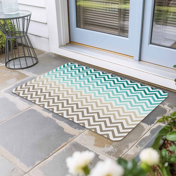 Turquoise Brown Door Mat Indoor Outdoor,Gradient Geometric Stripes Chevron Wave Non Slip Welcome Mat with Rubber Backing,Absorbent Fabric Front Door Mats Entryway Rug for Home Patio Entrance 24"x36"
