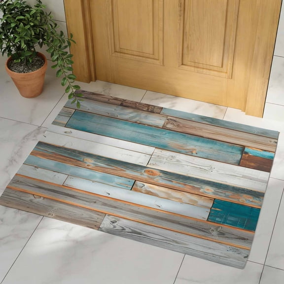 Turquoise Brown Door Mat, Non Slip Bathroom Rugs, Vintage Country Ombre Wooden Grain Absorbent Floor Mats, Washable Runner Rug Indoor Doormat for Front Door Entrance, Patio, Garage 16"x24"