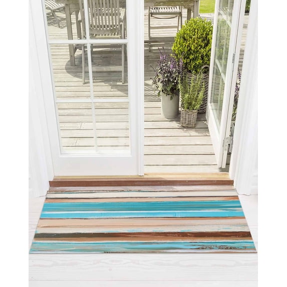 Turquoise Brown Gradient Front Door Mat Abstract Vintage Wood Grain Welcome Doormat Indoor Outdoor Entrance Floor Mat Non-Slip Washable Runner Rug for Front Porch Decor 20x63 Inch