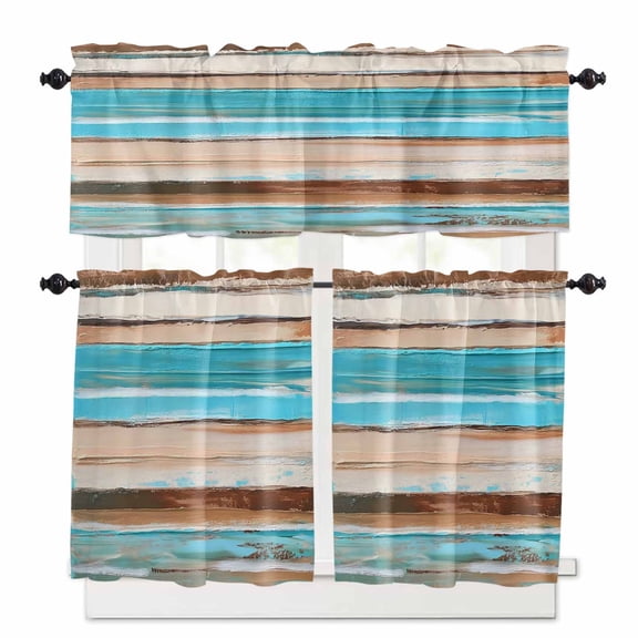 Turquoise Brown Gradient Kitchen Curtains and Valances Set, Abstract Vintage Wood Grain Rod Pocket Window Valance 18 Inch Window Curtain Panels for Living Room Bedroom Laundry, 27.5x24in, 3 Pieces