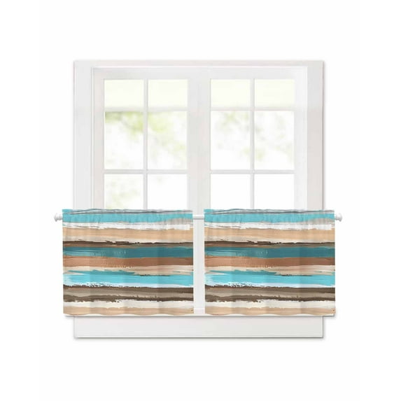 Turquoise Brown Gradient Short Blackout Curtains 24 Inch Long Vintage Abstract Wood Grain Rod Pocket Kitchen Curtains, 2 Panels Thermal Insulated Room Darkening Drapes for Bedroom, 30"W x 24"L