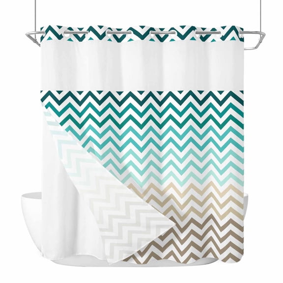 Turquoise Brown No Hook Shower Curtain Waterproof,Bathroom Curtains with Snap in Liners and See Through Top Window,Gradient Geometric Stripes Chevron Wave Hotel Bathtub Curtains Shower 72"Wx78"L