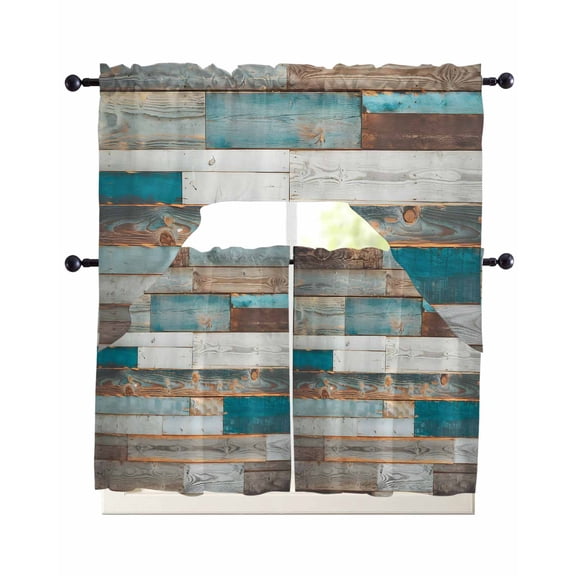 Turquoise Brown Kitchen Curtains Sets 24 Inch Length with Valance, Vintage Country Ombre Wooden Grain Swag Valances and Tiers Curtain Set Drapes Swag Curtains for Living Room, Bathroom, Bedroom, Cafe