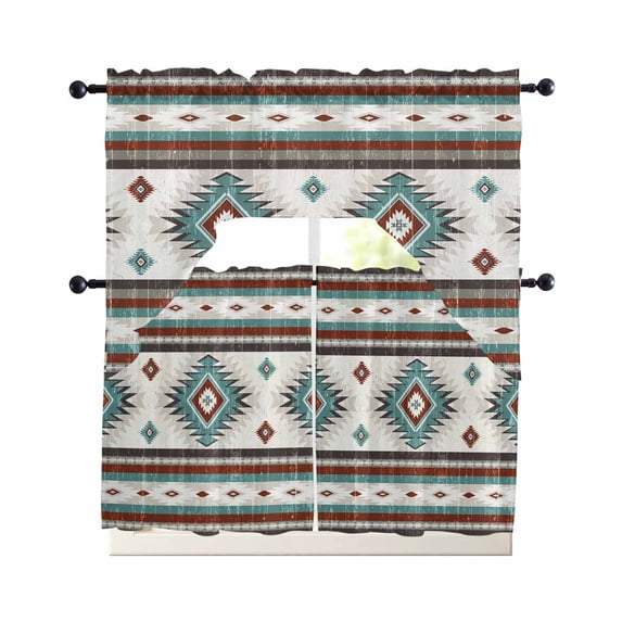 Turquoise Brown Kitchen Curtains Sets 36 Inch Length with Valance, Southwestern Stripe Western Rustic Aztec Swag Valances and Tiers Curtain Set Drapes Swag Curtains for Living Room, Bathroom, Bedroom