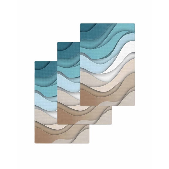 Turquoise Brown Kitchen Dish Towels for Drying Dishes Set of 3, Teal White Geometric Gradient Stripes Waffle Weave Microfiber Terry Hand Tea Bathroom Towels Quick Dry & Absorbent Towel 15.7x23.6