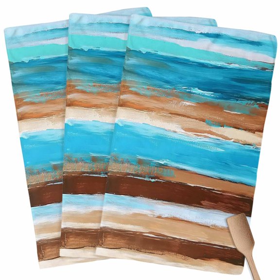 Turquoise Brown Kitchen Towel Dish Cloths Set of 3, Microfiber Soft Kitchen Hand Towels, Gradient Rustic Ocean Wood Grain Absorbent Quick Drying Dishcloths 18 x 28 Inches