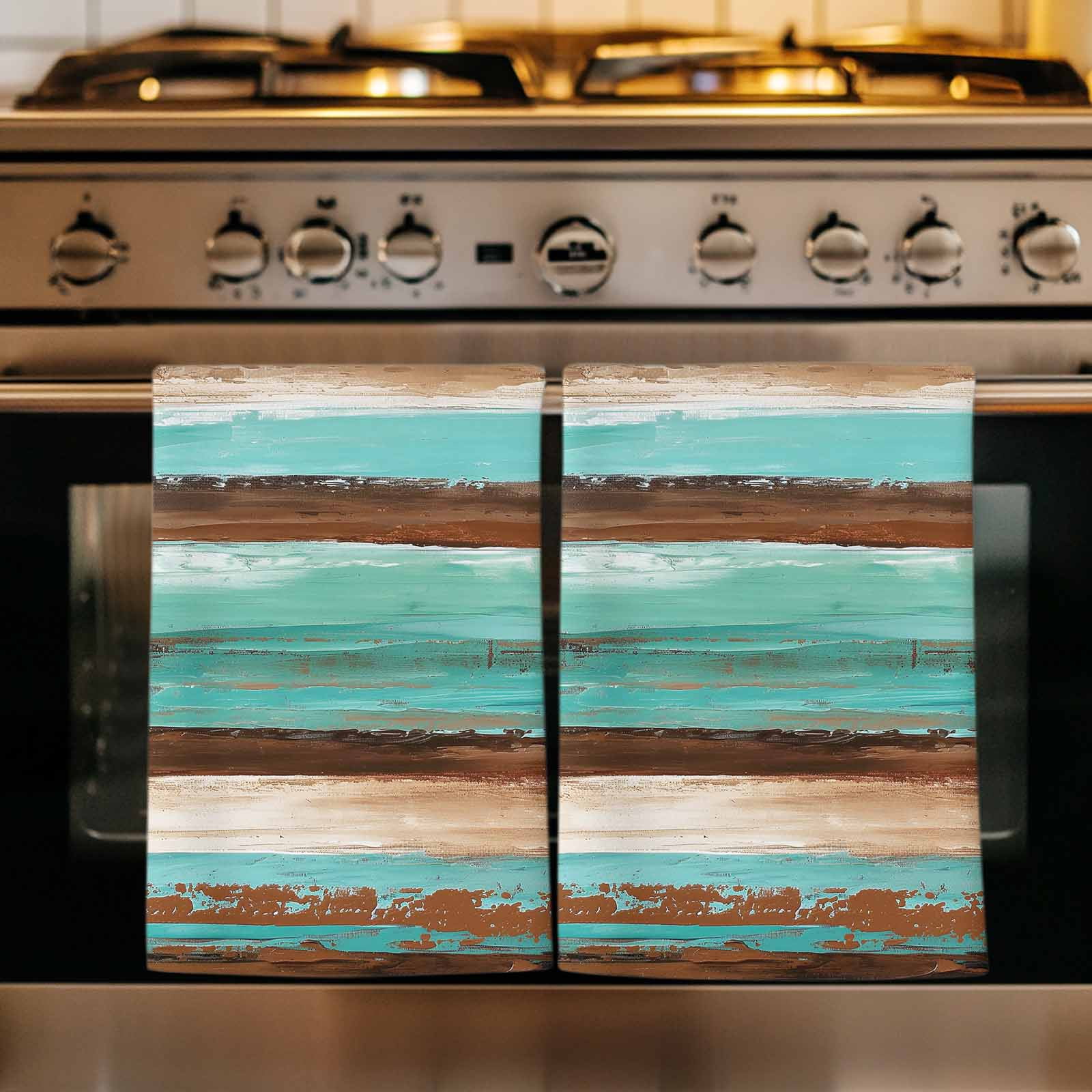 Turquoise Brown Kitchen Towels Set of 3, Watercolor Modern Abstract Striped Absorbent Dish Towels for Kitchen, Microfiber Hand Towel, Quick Drying Tea Towel for Cleaning Decorative Dishcloths