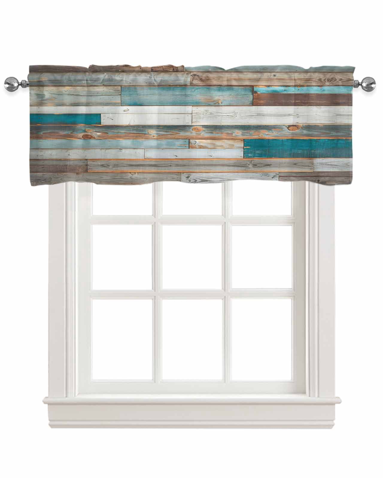 Turquoise Brown Kitchen Valances for Windows Farmhouse Linen Window Valance Curtain for Living Room Window Treatment Vintage Country Ombre Wooden Grain Valance Rod Pocket Topper Drape, 42 x 18 Inch