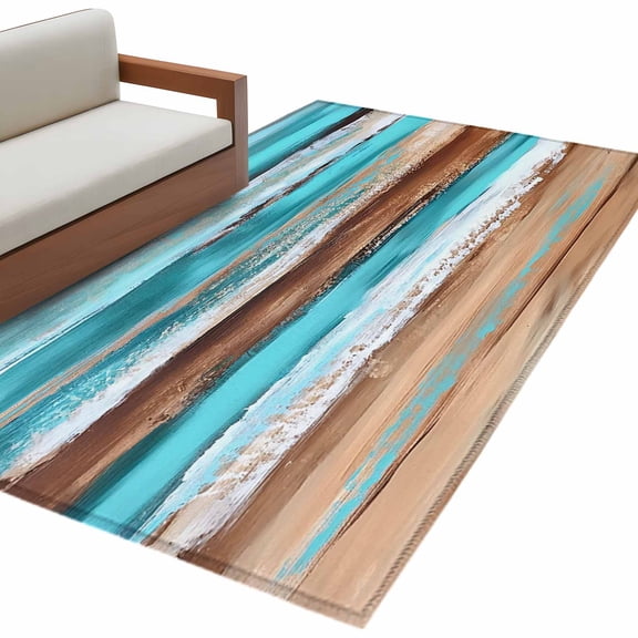 Turquoise Brown Large Area Rugs for Bedroom Living Room, Soft Non Slip Carpet Bedside Rug, Abstract Wood Grain Gradient Stripes Rectangular Floor Cover Kitchen Accent Rug 3'x5' for Dining Room/Office