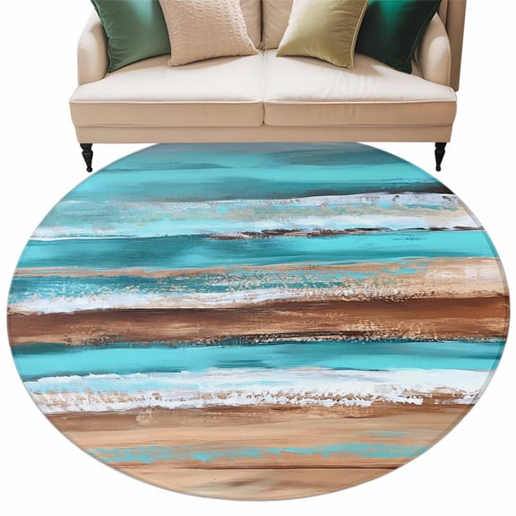 Turquoise Brown Large Area Rugs for Bedroom Living Room, Soft Non Slip Carpet Bedside Rug, Abstract Wood Grain Gradient Stripes Round Floor Cover Kitchen Accent Rug 6' for Dining Room/Office