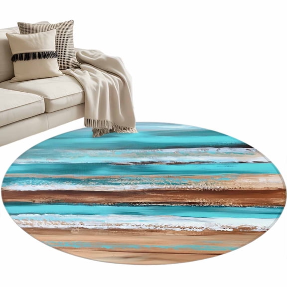 Turquoise Brown Large Area Rugs for Bedroom Living Room, Soft Non Slip Carpet Bedside Rug, Abstract Wood Grain Gradient Stripes Round Floor Cover Kitchen Accent Rug 4' for Dining Room/Office