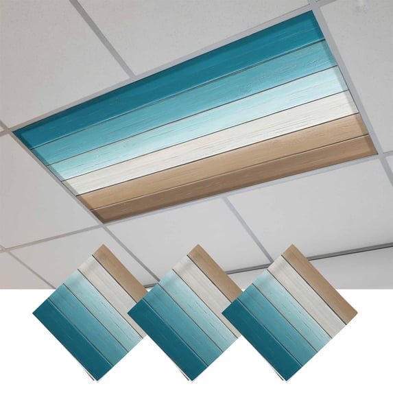 Turquoise Brown Magnetic Fluorescent Light Covers for Ceiling Lights 2x4Ft, Farmhouse Retro Wooden Grain Striped Office Classroom Kitchen Drop Ceiling Light Covers Lighting Filters Shade Panel 3Packs