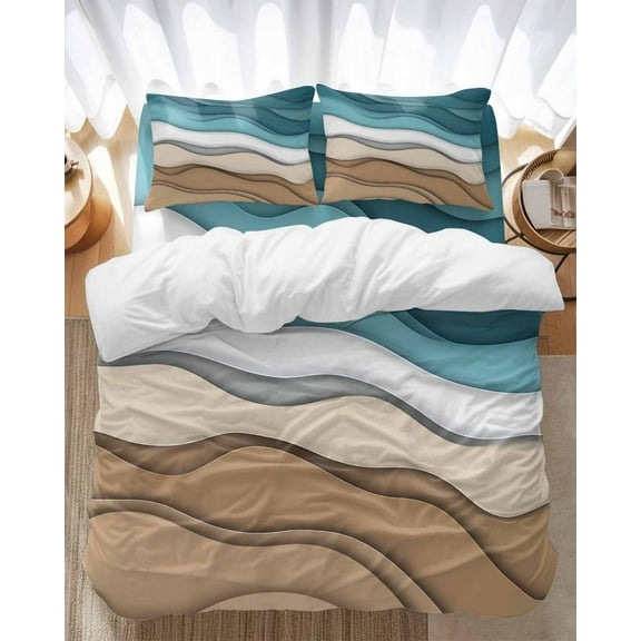 Turquoise Brown Ombre Bedding Duvet Cover Set Full 4 Pieces Turquoise Gradient Abstract Wave Geometric Bedding Set with Zipper Closure,1 Comforter Cover 86x86 Inches 1 Flat Sheet & 2 Pillow Cases