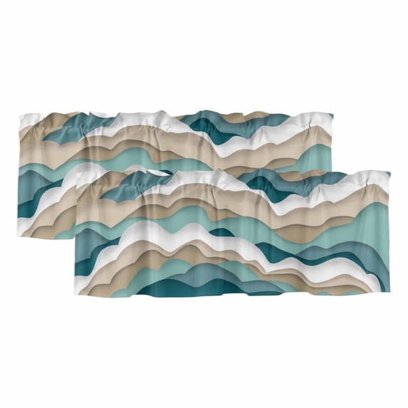 Turquoise Brown Ombre Curtain Valances for Windows, Kitchen Valance Window Treatments Panel 2 Pack, Modern Geometric Moire Abstract Art Rod Pocket Short Curtains for Bathroom Bedroom 54 x 18 Inch