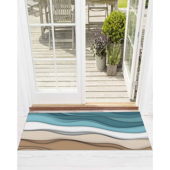 Turquoise Brown Ombre Front Door Mat Turquoise Gradient Abstract Wave Geometric Welcome Doormat Indoor Outdoor Entrance Floor Mat Non-Slip Washable Runner Rug for Front Porch Decor 18x60 Inch