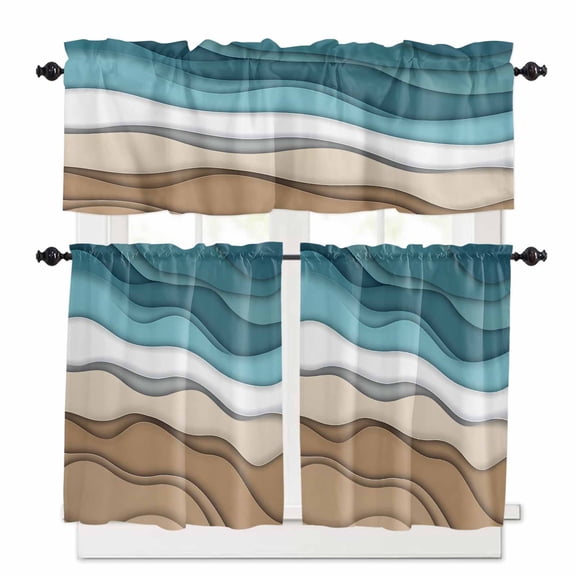 Turquoise Brown Ombre Kitchen Curtains and Valances Set, Turquoise Gradient Abstract Wave Geometric Rod Pocket Window Valance Window Curtain Panels for Living Room Bedroom, 27.5x24in, 3 Pieces