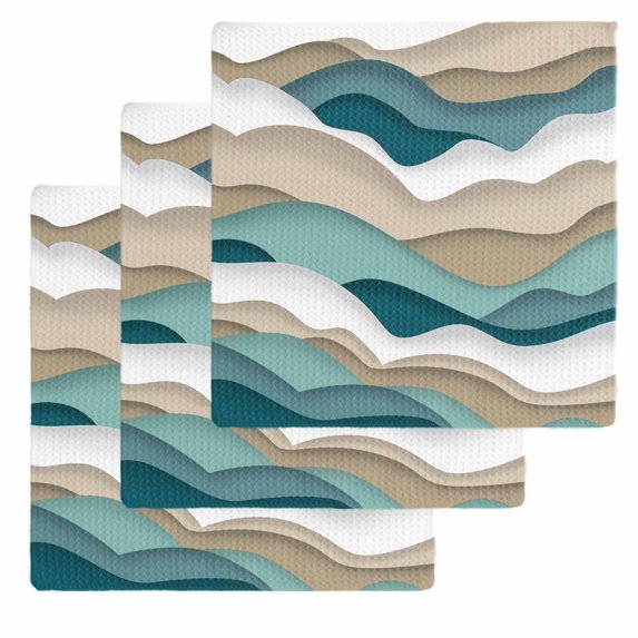 Turquoise Brown Ombre Kitchen Dish Towels for Drying Dishes Set of 3, Modern Geometric Moire Abstract Art Waffle Weave Microfiber Hand Tea Bathroom Towels Quick Dry & Absorbent Towel 12x12