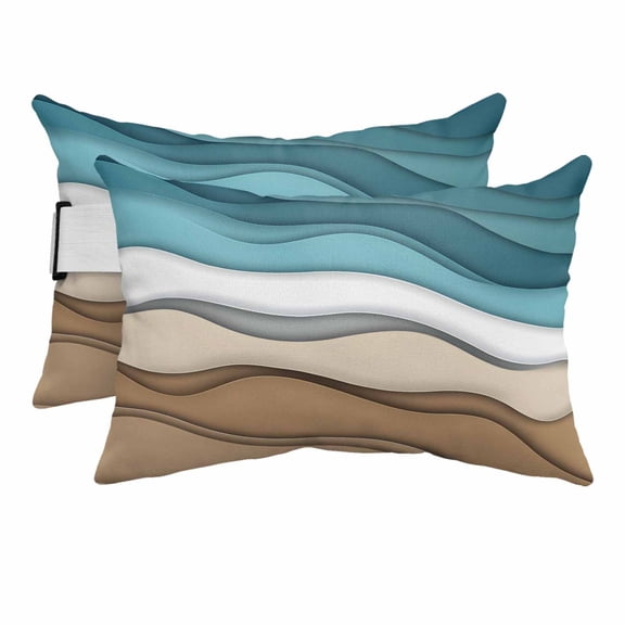 Turquoise Brown Ombre Outdoor Chaise Lounge Pillows Turquoise Gradient Abstract Wave Geometric Lumbar Pillows with Insert Adjustable Elastic Strap Headrest Pillow for Recliner 2 Pack 11x16 Inch