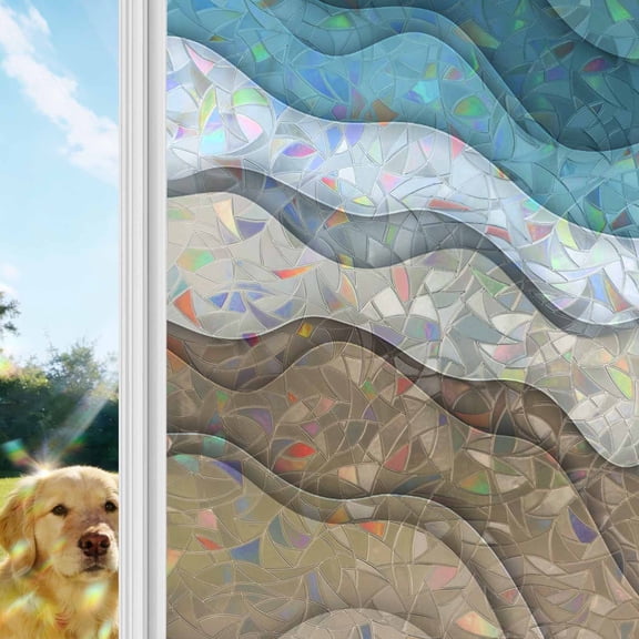 Turquoise Brown Ombre Rainbow Window Privacy Film, Turquoise Gradient Abstract Wave Geometric Stained Glass Window Film, Sun Blocking Static Cling Non Adhesive Door Stickers 19.6 x 39.3 Inches