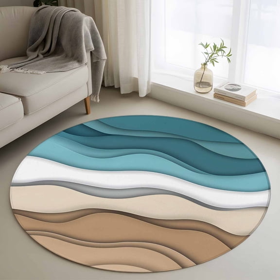Turquoise Brown Ombre Round Rugs for Living Room 3ft Turquoise Gradient Abstract Wave Geometric Non Slip Circle Rug Washable Low-Profile Indoor Carpet for Bedroom, Dining Room, Bathroom