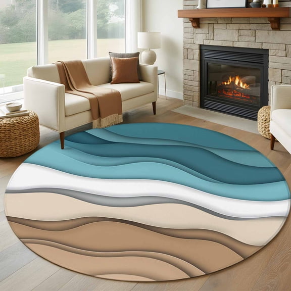 Turquoise Brown Ombre Round Rugs for Living Room 5ft Turquoise Gradient Abstract Wave Geometric Non Slip Circle Rug Washable Low-Profile Indoor Carpet for Bedroom, Dining Room, Bathroom
